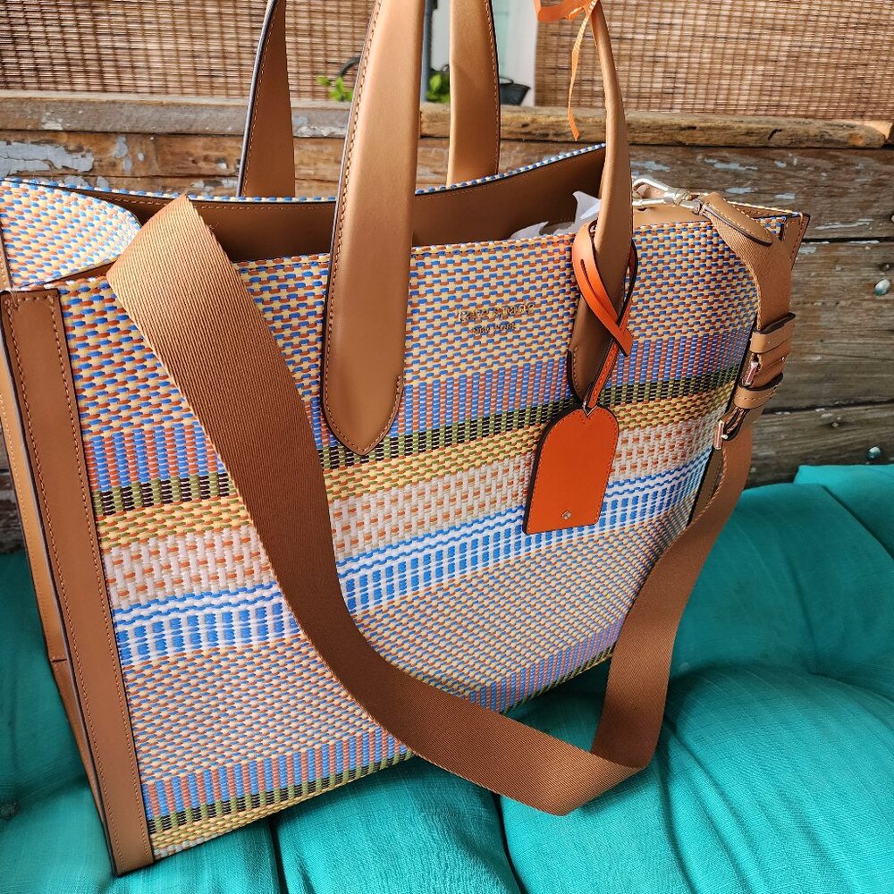 Woven Multicolor Tote with Tan Leather Trim